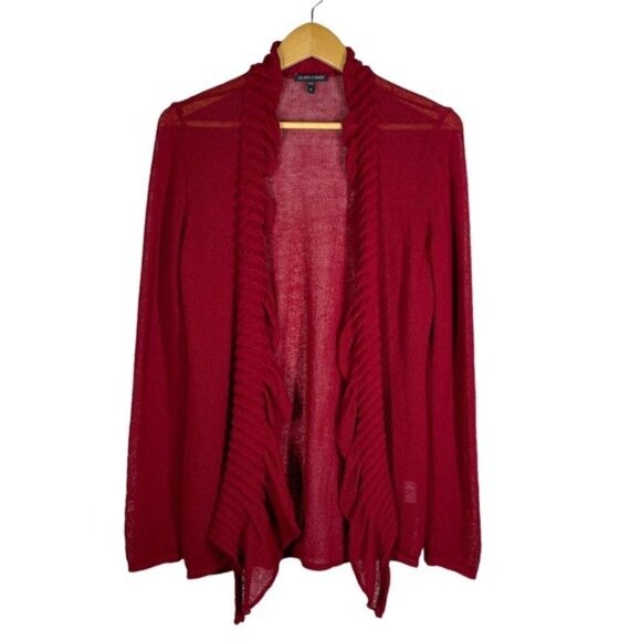 Eileen Fisher Loose Knit Open Front Ruffle Cardigan Red M - Picture 2 of 8